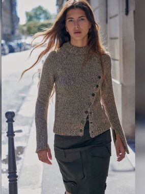 Zara Taupe Marled Asymmetrical Button-Front Turtleneck Sweater